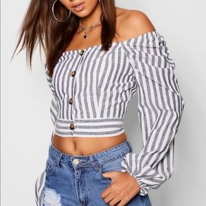 NWT- BooHoo Striped Cropped Puffer Sleeve Blouse- Size 4 Tall